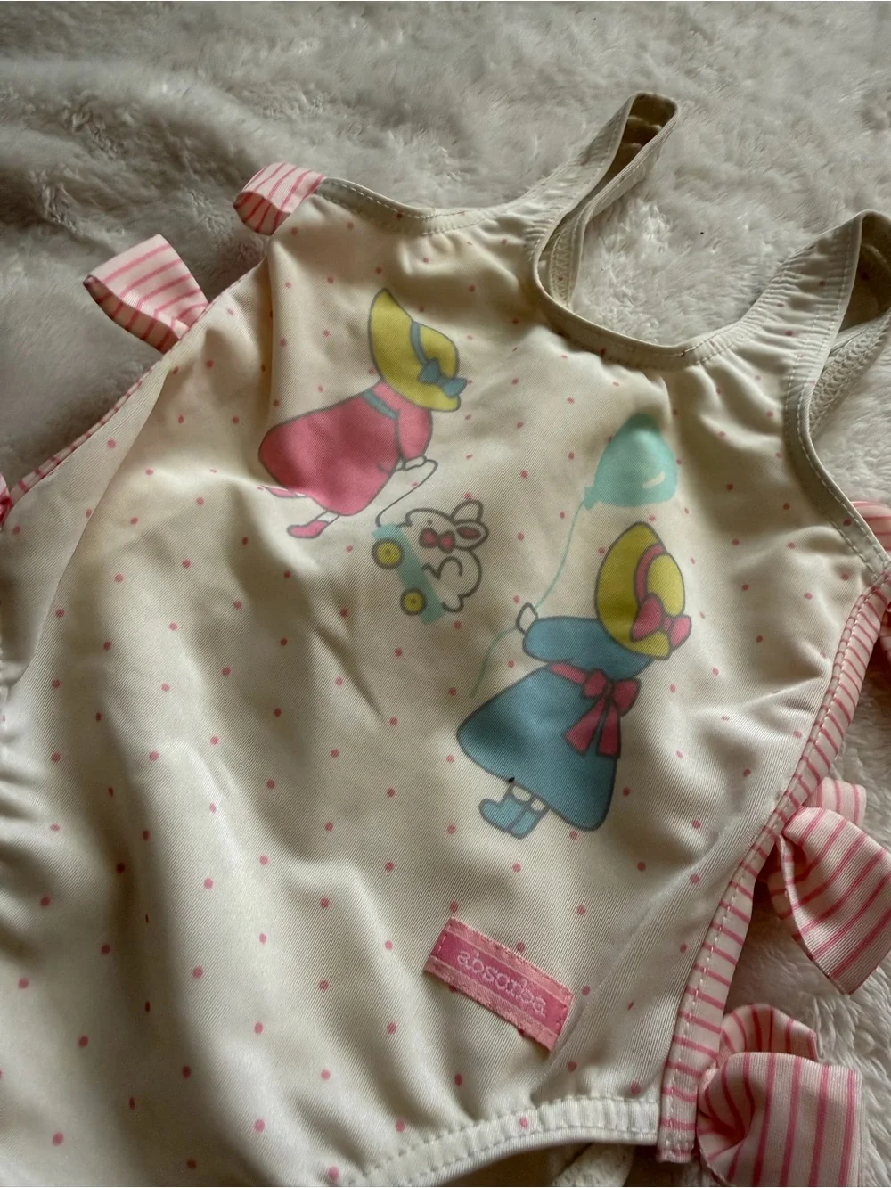 Vintage Absorba France Baby Swimsuit Polka Dot Bow Tie One Piece 3-6M